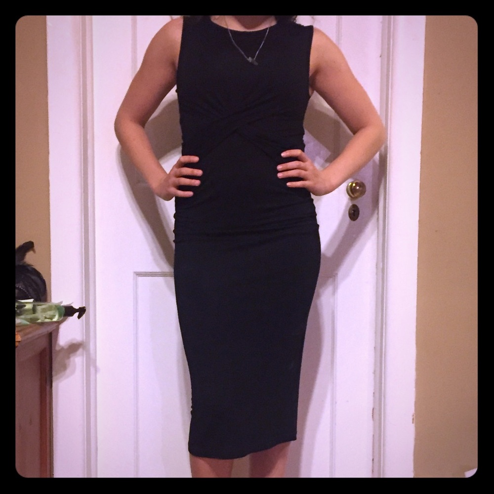 WOMENS BLACK DRESS SLEEVELESS MIDI LENGTH CROSS FRONT SMALL